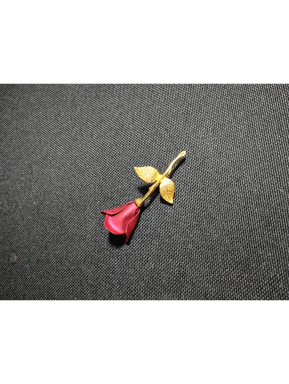 Vintage Red Rose Brooch Pin with Gold Tone Stem and Leaves